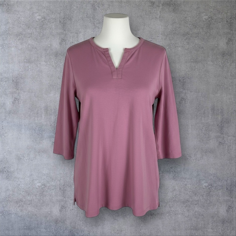 L.L. Bean Split Neck Knit Popover Top 100% Cotton Pink Size Large Regular